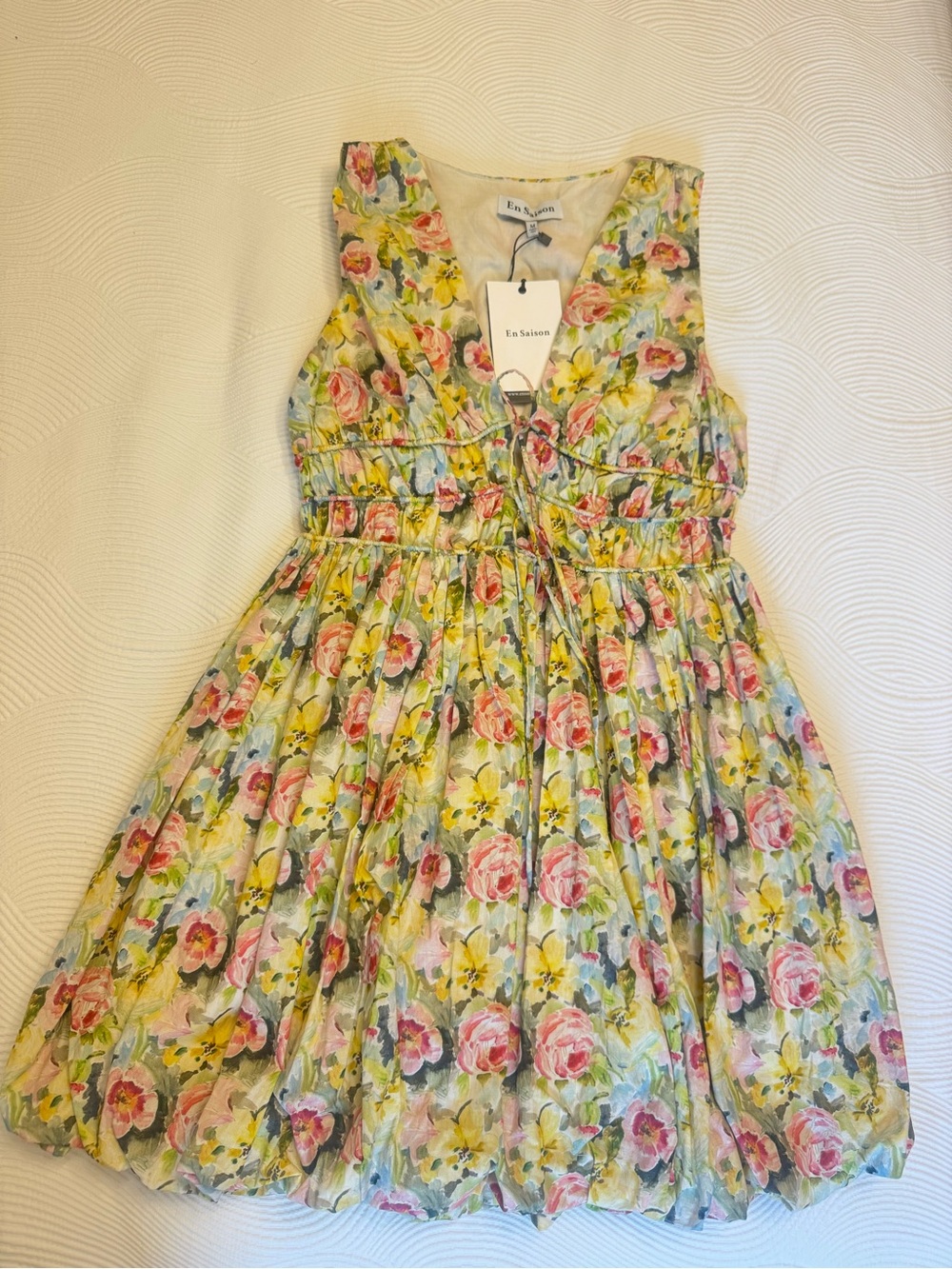 Squeeze Floral Fit-and-Flare Dress in Pink, Yellow & Green